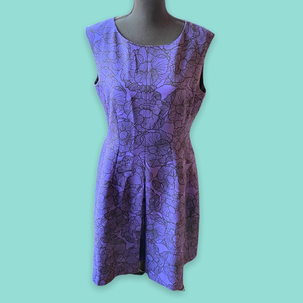 Anne Klein Women’s Sleeveless Blue Dress with Black Floral Design - Size 12